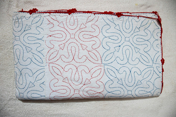 White Sujni Nokshi Kantha with Hand Sewn Outside Lace