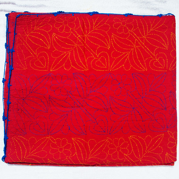 Red Sujni Nokshi Kantha with Hand Sewn Outside Lace