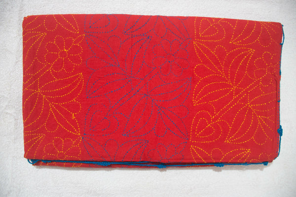 Red Sujni Nokshi Kantha with Hand Sewn Outside Lace
