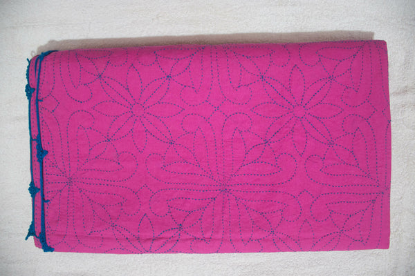 Pink Sujni Nokshi Kantha with Hand Sewn Outside Lace