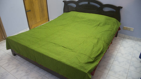 Green Sujni Nokshi Kantha with Hand Sewn Outside Lace