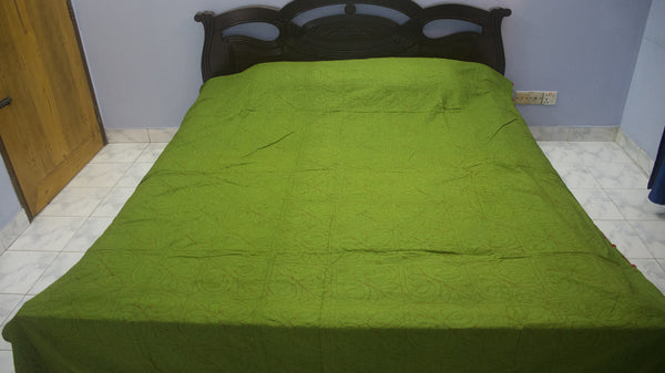 Green Sujni Nokshi Kantha with Hand Sewn Outside Lace