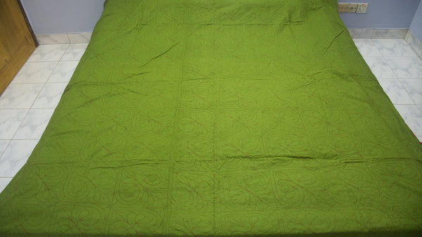Green Sujni Nokshi Kantha with Hand Sewn Outside Lace