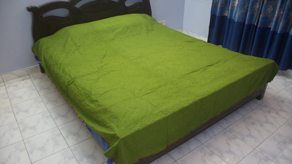 Green Sujni Nokshi Kantha with Hand Sewn Outside Lace