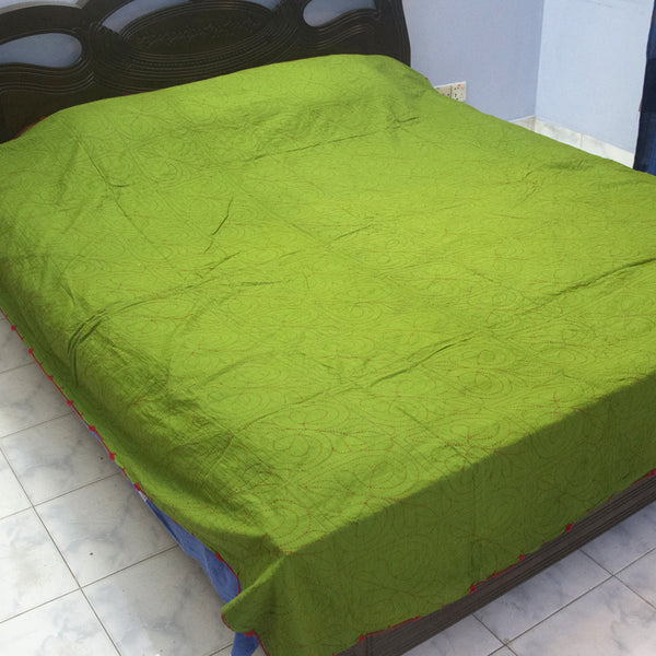 Green Sujni Nokshi Kantha with Hand Sewn Outside Lace