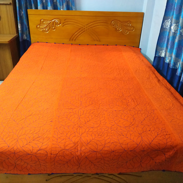 Orange Sujni Nokshi Kantha with Hand Sewn Outside Lace