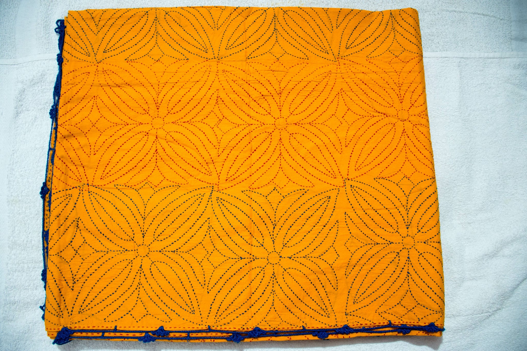 Orange Sujni Nokshi Kantha with Hand Sewn Outside Lace