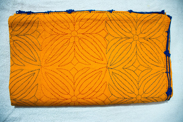 Orange Sujni Nokshi Kantha with Hand Sewn Outside Lace