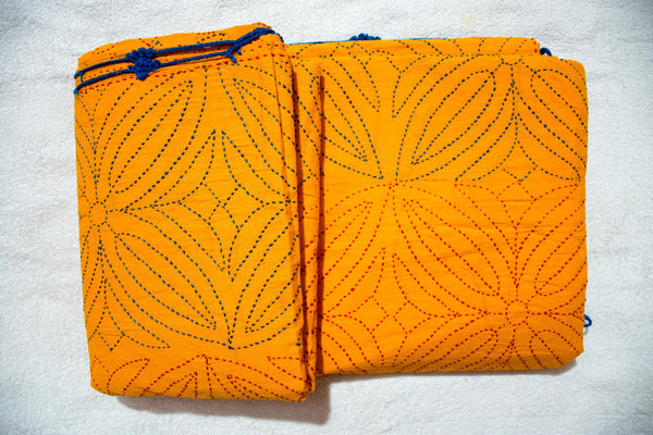 Orange Sujni Nokshi Kantha with Hand Sewn Outside Lace