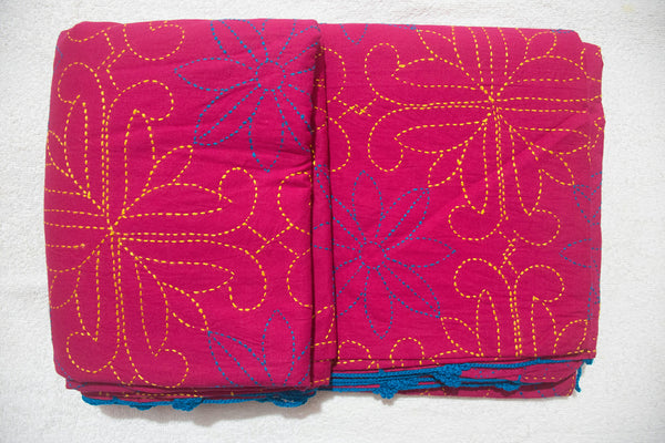 Magenta Sujni Nokshi Kantha with Hand Sewn Outside Lace