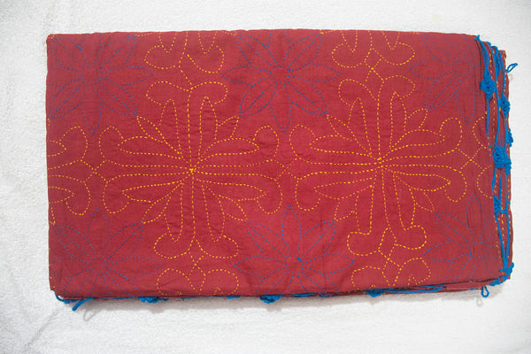 Maroon Sujni Nokshi Kantha with Hand Sewn Outside Lace