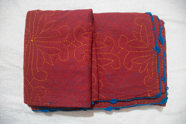 Maroon Sujni Nokshi Kantha with Hand Sewn Outside Lace