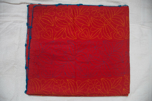 Red Sujni Nokshi Kantha with Hand Sewn Outside Lace