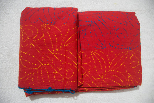 Red Sujni Nokshi Kantha with Hand Sewn Outside Lace