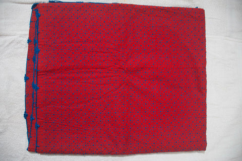 Red Bokul Nokshi Kantha with Hand Sewn Outside Lace