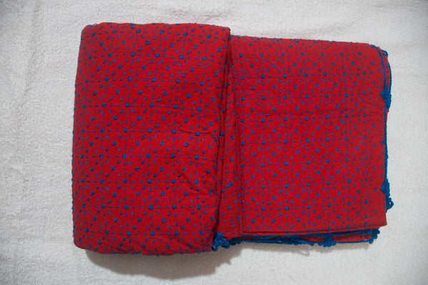 Red Bokul Nokshi Kantha with Hand Sewn Outside Lace