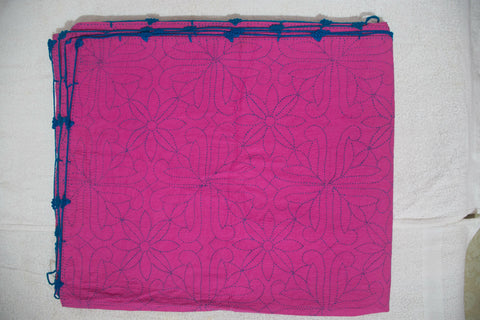 Pink Sujni Nokshi Kantha with Hand Sewn Outside Lace