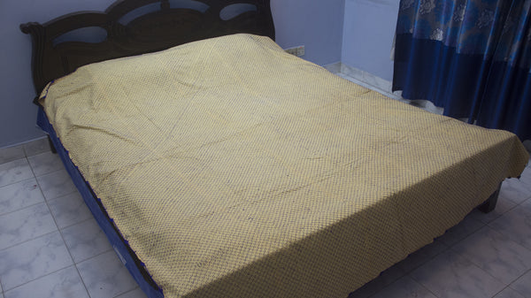 Light Yellow Bokul Nokshi Kantha with Hand Sewn Outside Lace