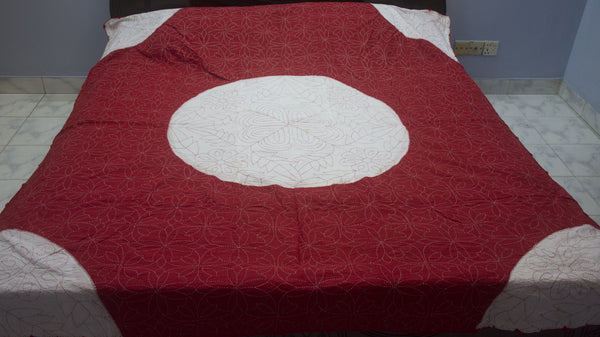 Red + White Ruposhi Nokshi Kantha with Hand Sewn Outside Lace