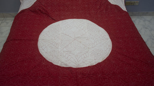 Red + White Ruposhi Nokshi Kantha with Hand Sewn Outside Lace