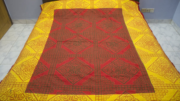 Yellow + Red Paglu Nokshi Kantha with Outside Lace