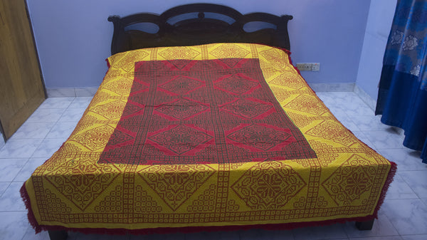 Yellow + Red Paglu Nokshi Kantha with Outside Lace