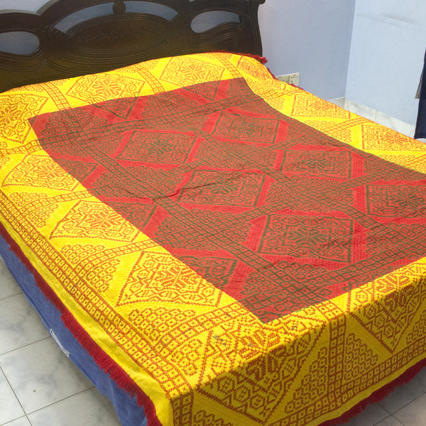 Yellow + Red Paglu Nokshi Kantha with Outside Lace