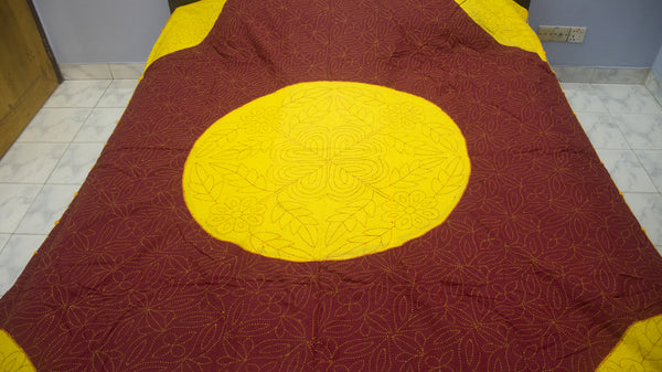 Maroon + Yellow Ruposhi Nokshi Kantha with Hand Sewn Outside Lace