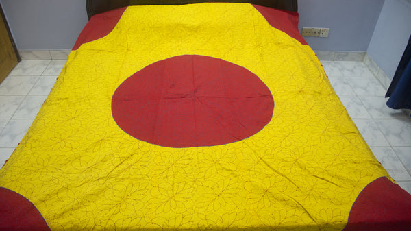 Yellow + Red Ruposhi Nokshi Kantha with Hand Sewn Outside Lace