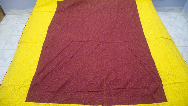 Yellow + Maroon Sujni Nokshi Kantha with Hand Sewn Outside Lace