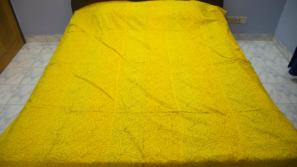 Yellow Sujni Nokshi Kantha with Hand Sewn Outside Lace