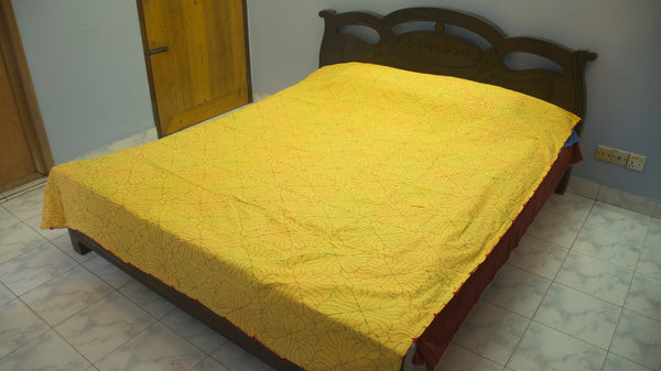 Light Yellow Sujni Nokshi Kantha with Hand Sewn Outside Lace