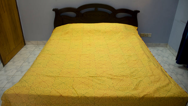 Light Yellow Sujni Nokshi Kantha with Hand Sewn Outside Lace