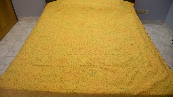 Light Yellow Sujni Nokshi Kantha with Hand Sewn Outside Lace