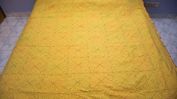 Light Yellow Sujni Nokshi Kantha with Hand Sewn Outside Lace