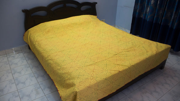 Light Yellow Sujni Nokshi Kantha with Hand Sewn Outside Lace