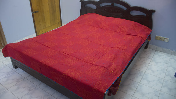 Red Sujni Nokshi Kantha with Hand Sewn Outside Lace