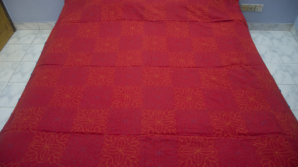 Red Sujni Nokshi Kantha with Hand Sewn Outside Lace