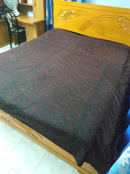 Black Sujni Nokshi Kantha with Hand Sewn Outside Lace