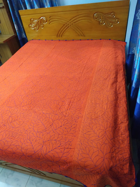 Orange Sujni Nokshi Kantha with Hand Sewn Outside Lace