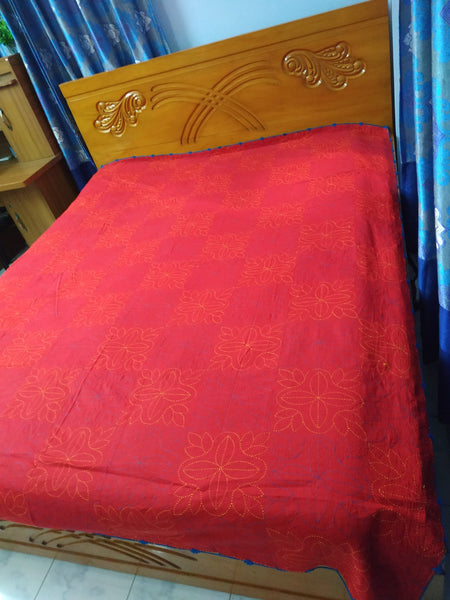 Red Sujni Nokshi Kantha with Hand Sewn Outside Lace